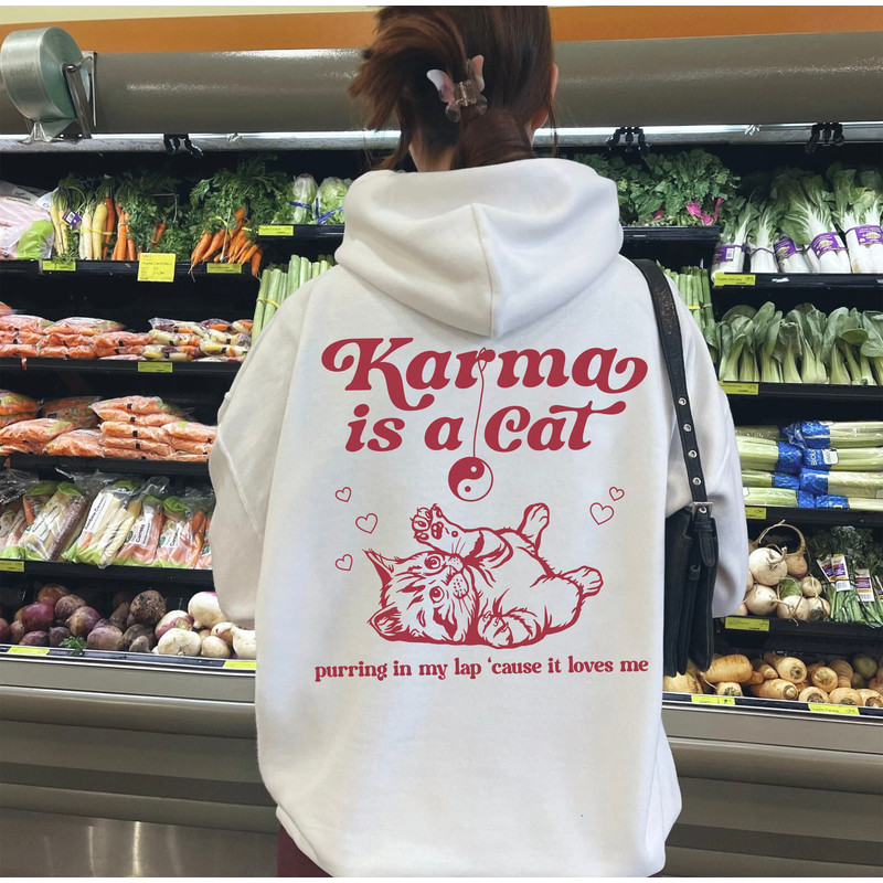 Karma is a Cat Hoodie, Karma Midnights Sweatshirt, Meet Me at Midnight, Taylor Swiftie Merch Sweatshirt, Cat Lover Shirt, Aesthetic Hoodie - 1.jpg
