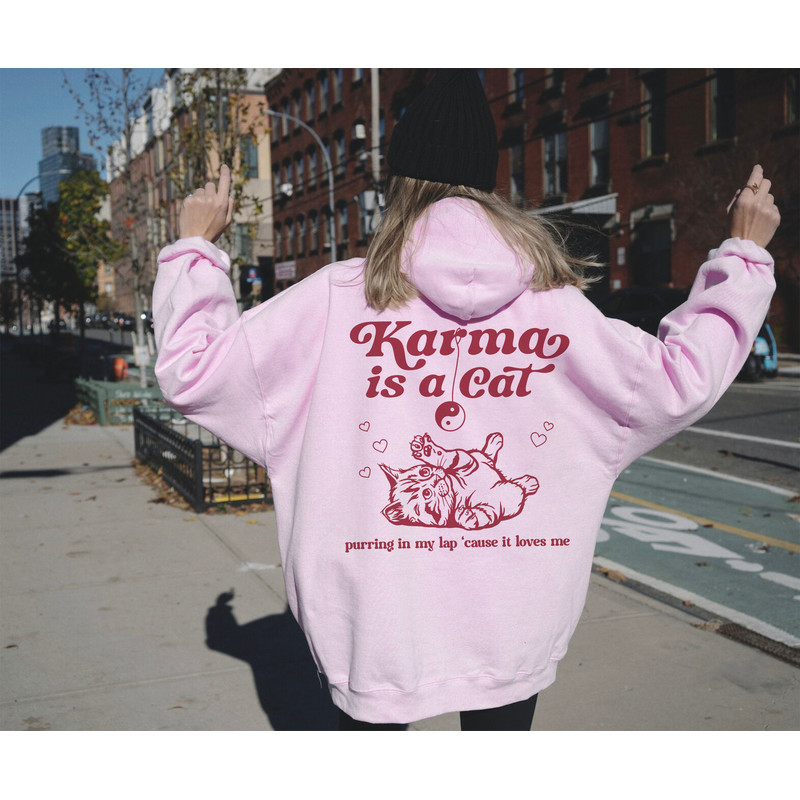 Karma is a Cat Hoodie, Karma Midnights Sweatshirt, Meet Me at Midnight, Taylor Swiftie Merch Sweatshirt, Cat Lover Shirt, Aesthetic Hoodie - 2.jpg