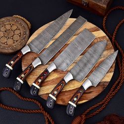 Hand Forged Damascus Steel Professional Chef Knives Set of 8, Kitchen Knife with Leather Bag Roll, Olive Wood Knife