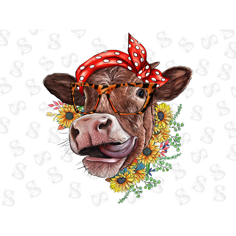 Cow with bandana PNG download Watercolor cute animal sublimation design Hand drawn farm animal printable transfer - 1.jpg