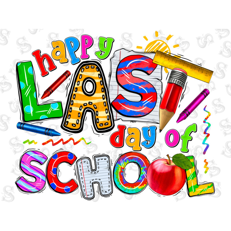 Doodle Happy Last Day of School PNG Digital Design, School Clipart for Shirts, Teachers, Kids, Students, Fun Bubble Letters - 1.jpg