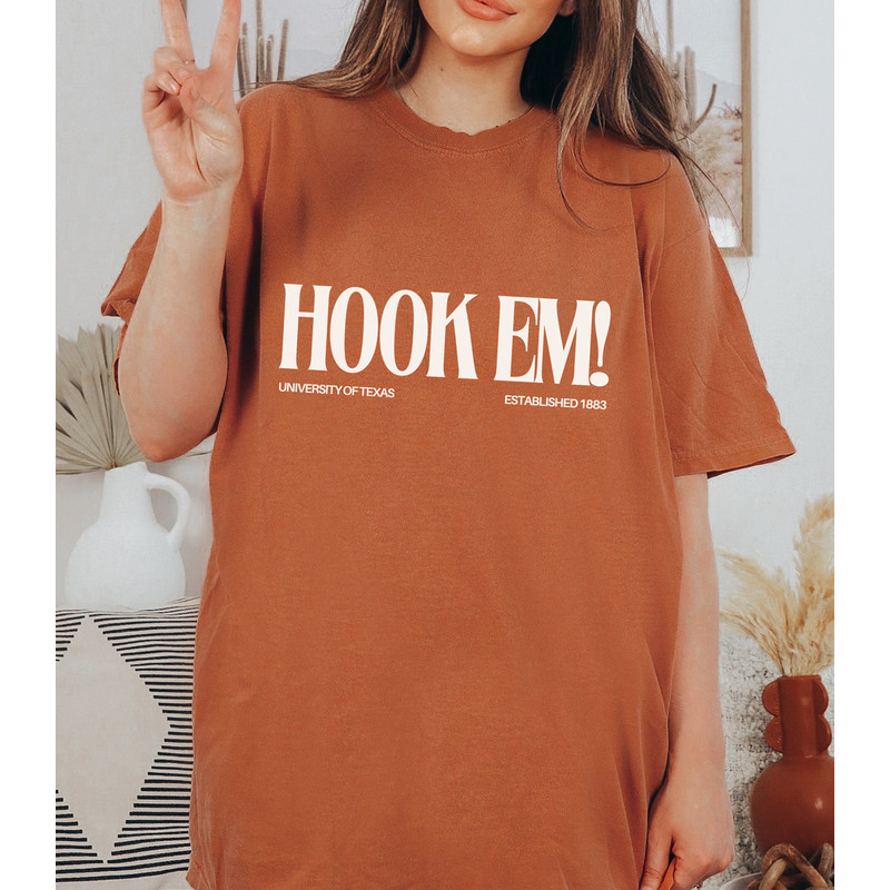 Hook Em! - University of Texas Burnt Orange Double Sided Unisex Comfort Colors T-Shirt, UT Austin, Longhorns Football, Vintage Retro Tee - 1.jpg