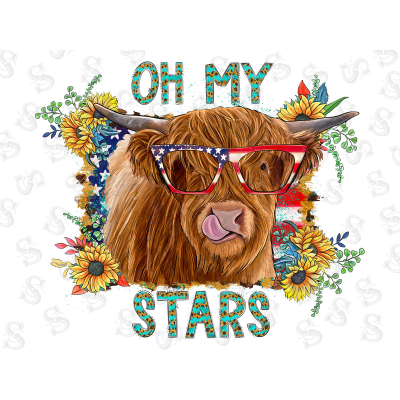 Oh My Stars Png, 4th of July, Freedom, American Flag, Cow Png, Highland Cow Png, Cow Design, Western, Digital Download, Sublimation Design - 1.jpg