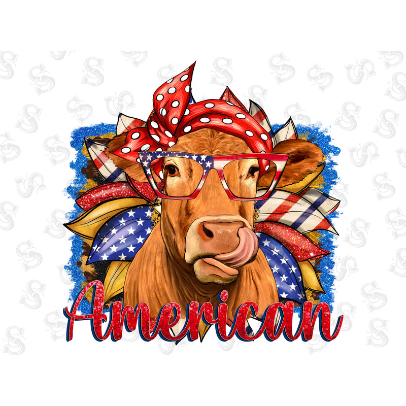 Western 4th Of July Cow Background Png, Cow Sublimation Design, American Flag Background Png, Sunflowers Cow Png, Digital Download - 1.jpg