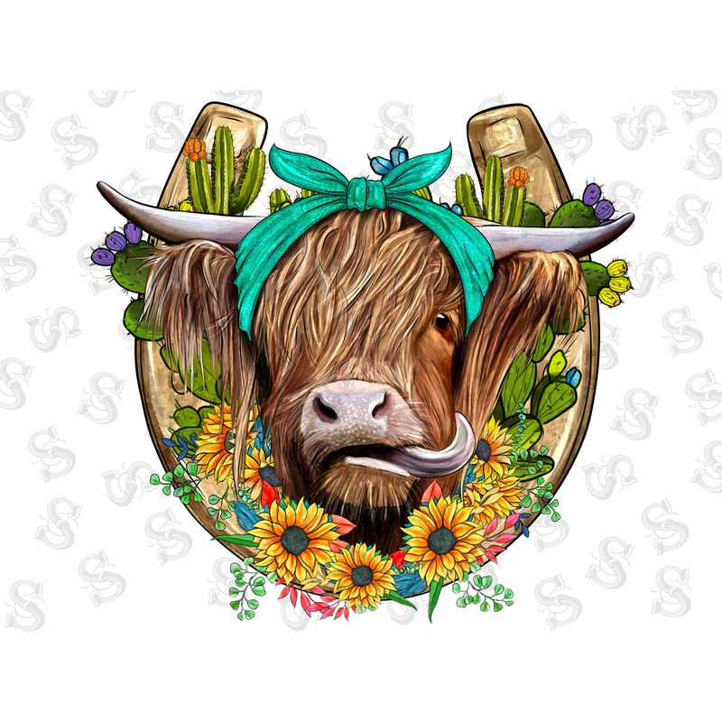 Western Horseshoe Highland Cow Png, Floral Long Hair Shaggy Cow with Horseshoe Png Sublimation Designs Horseshoe Png, Digital download - 1.jpg