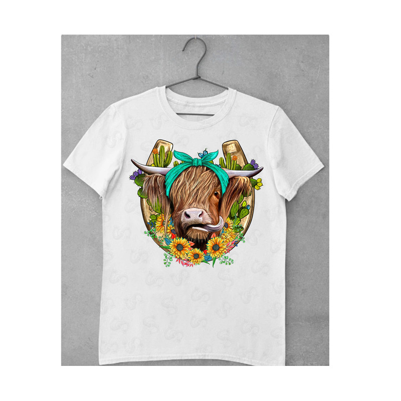 Western Horseshoe Highland Cow Png, Floral Long Hair Shaggy Cow with Horseshoe Png Sublimation Designs Horseshoe Png, Digital download - 2.jpg