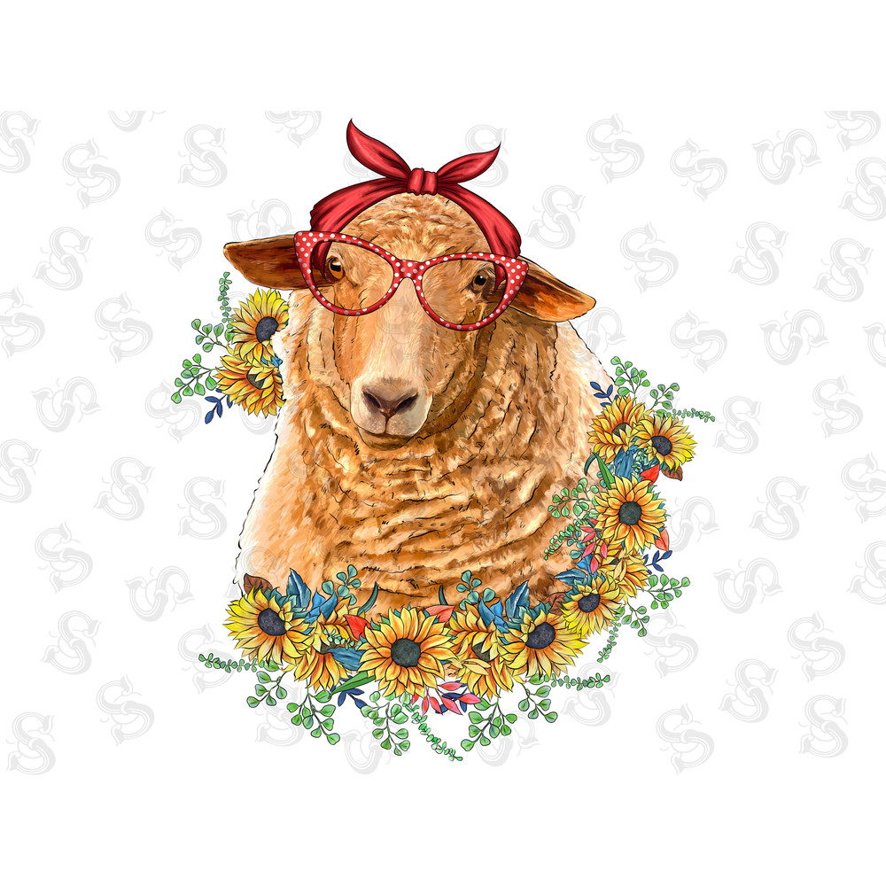 Western Quessant Sheep With Sunflower Bouquet Sublimation Design, Watercolor Sheep and Sunflower Png, Sheep Png, Sheep Drawing Png, Animal - 1.jpg