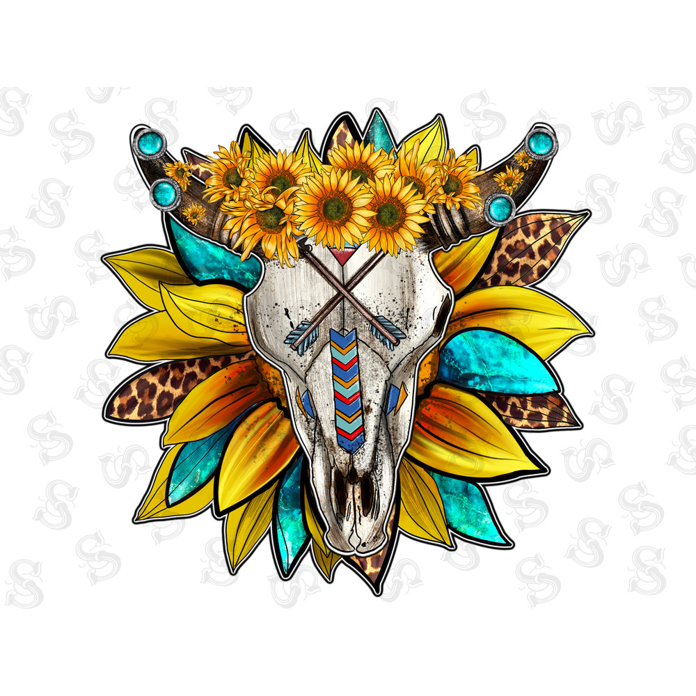 Western Sunflower Bull Skull Sublimation Design,Hand Drawn Bull Skull,Arrow,Bull Skull Clipart,Bull Skull Design,Sunflower,Digital Download - 1.jpg
