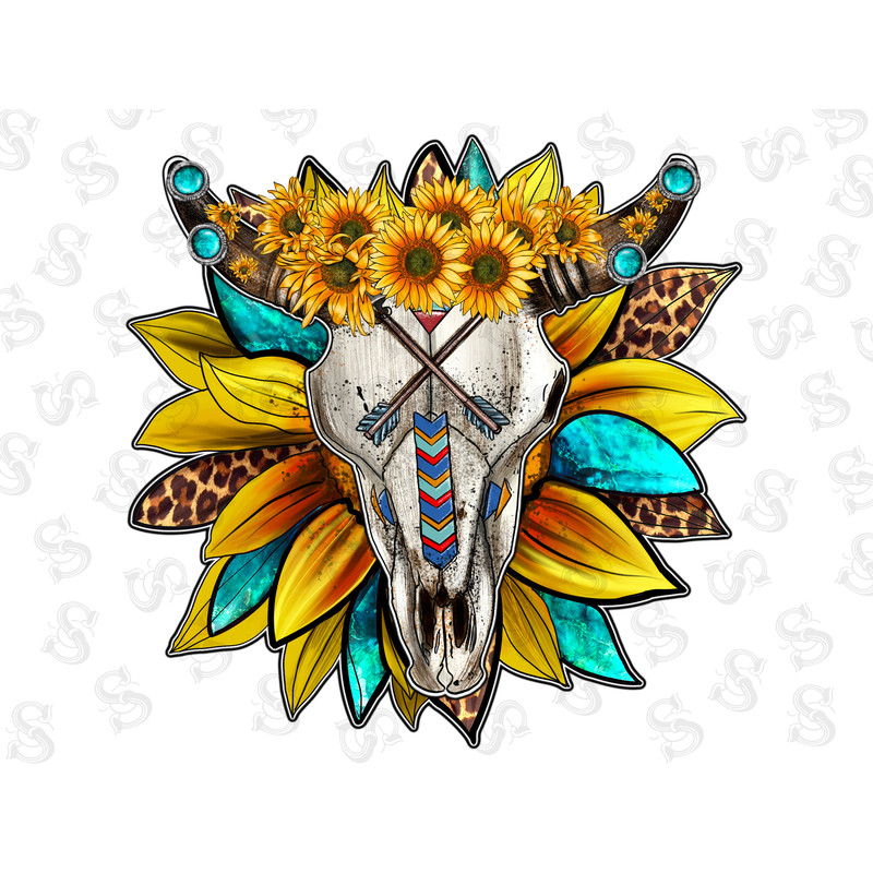 Western Sunflower Bull Skull Sublimation Design,Hand Drawn Bull Skull,Arrow,Bull Skull Clipart,Bull Skull Design,Sunflower,Digital Download - 1.jpg