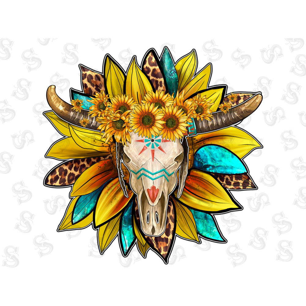 Western Sunflower Bull Skull Sublimation Design,Hand Drawn Bull Skull,Arrow,Bull Skull Clipart,Bull Skull Design,Sunflower,Digital Download - 1.jpg