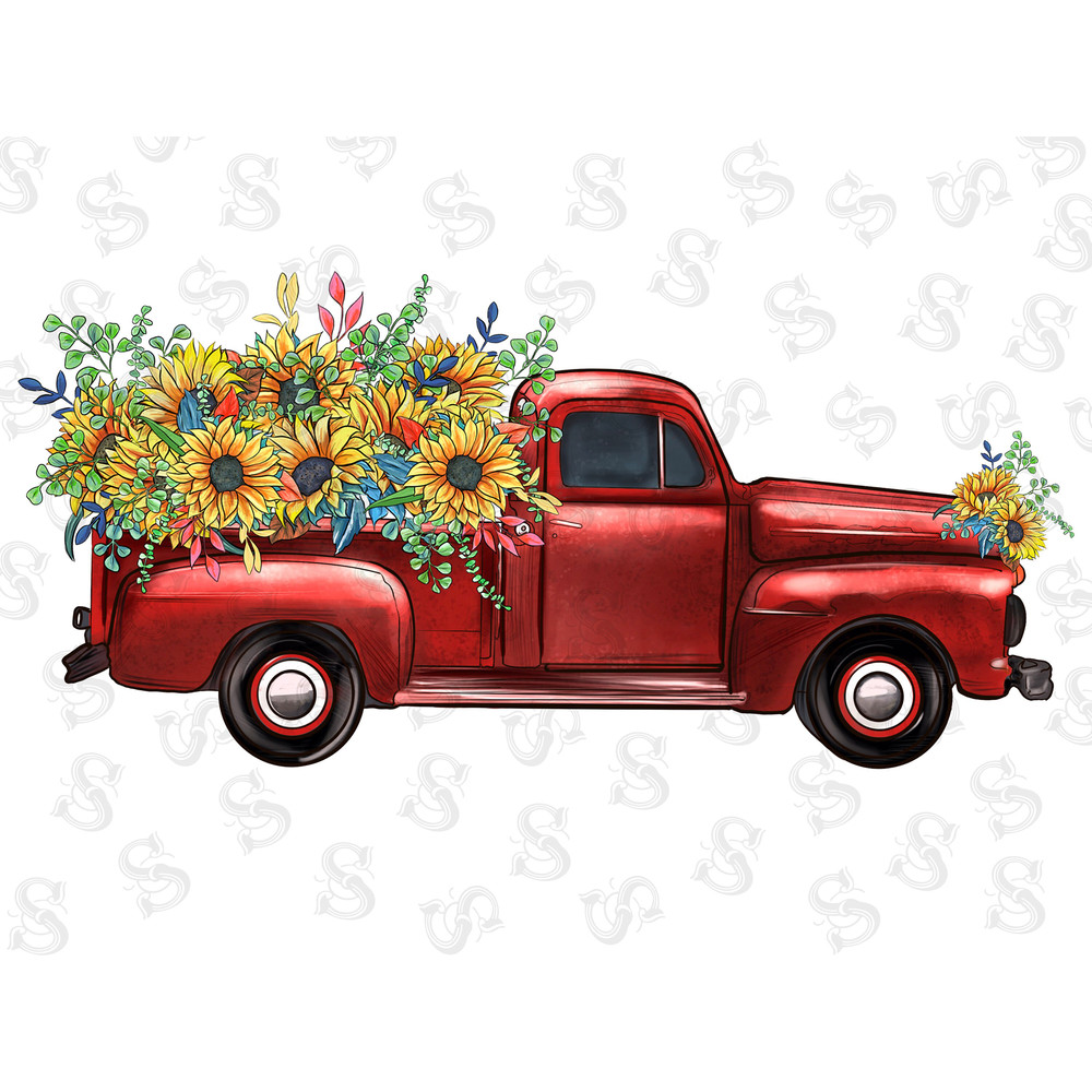 Western Sunflower With Red Truck Sublimation Image,Watercolor Truck,Truck Png,Farm Animal Artwork,Sunflower Red Truck,Pickup Truck drawing - 1.jpg