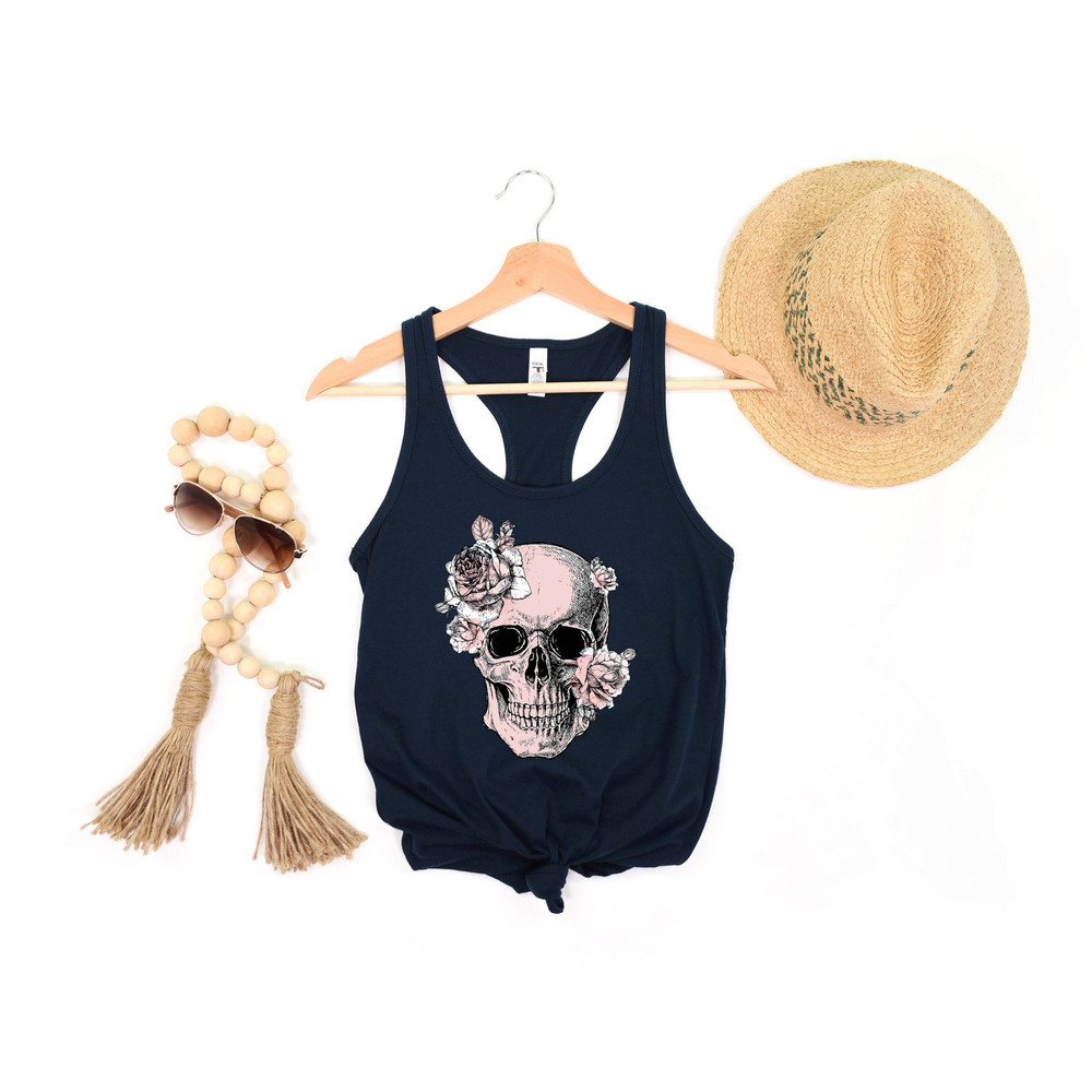 Bloom Skull Womens Tank, Sugar Skull Art Top Gift For Her, Floral Skull Print Boho Graphic Tee, Flower Skull Tank Top - 1.jpg