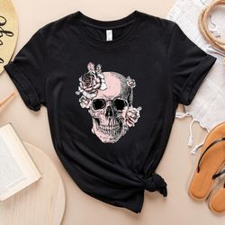 bloom skull womens t-shirt, sugar skull art tshirt gift for her, floral skull print boho graphic tee, flower skull bella