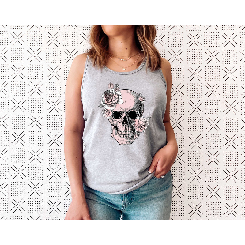 Bloom Skull Womens Tank, Sugar Skull Art Top Gift For Her, Floral Skull Print Boho Graphic Tee, Flower Skull Tank Top - 2.jpg