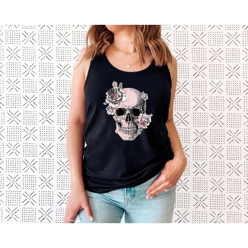 Bloom Skull Womens Tank, Sugar Skull Art Top Gift For Her, Floral Skull Print Boho Graphic Tee, Flower Skull Tank Top - 3.jpg