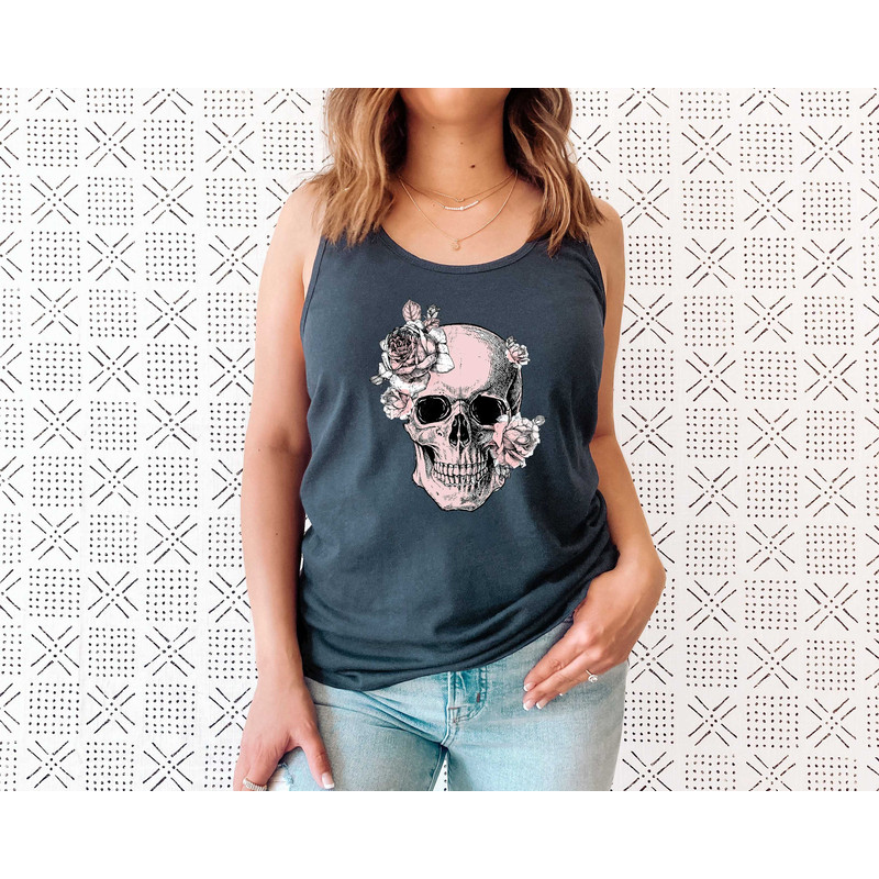 Bloom Skull Womens Tank, Sugar Skull Art Top Gift For Her, Floral Skull Print Boho Graphic Tee, Flower Skull Tank Top - 5.jpg
