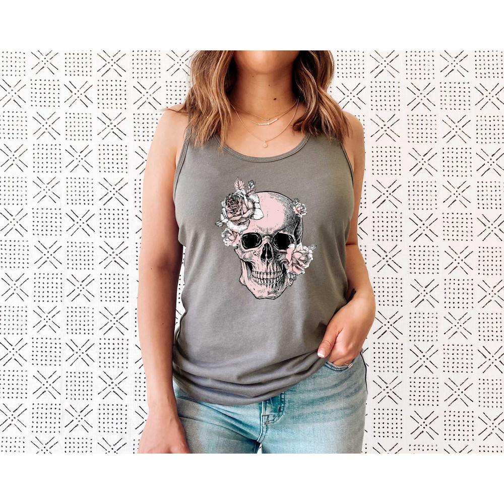 Bloom Skull Womens Tank, Sugar Skull Art Top Gift For Her, Floral Skull Print Boho Graphic Tee, Flower Skull Tank Top - 7.jpg