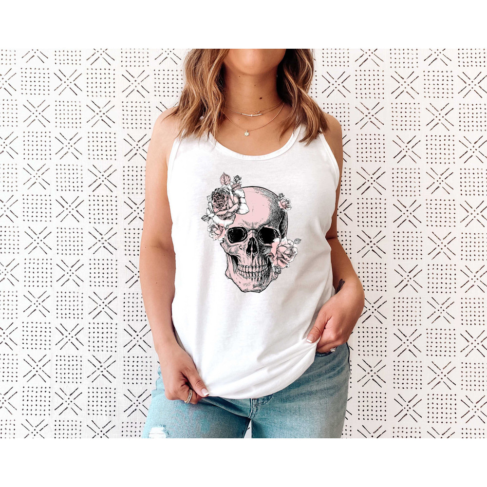 Bloom Skull Womens Tank, Sugar Skull Art Top Gift For Her, Floral Skull Print Boho Graphic Tee, Flower Skull Tank Top - 8.jpg