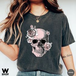 bloom skull womens t-shirt, sugar skull art tshirt gift for her, floral skull print boho graphic tee, flower skull, comf