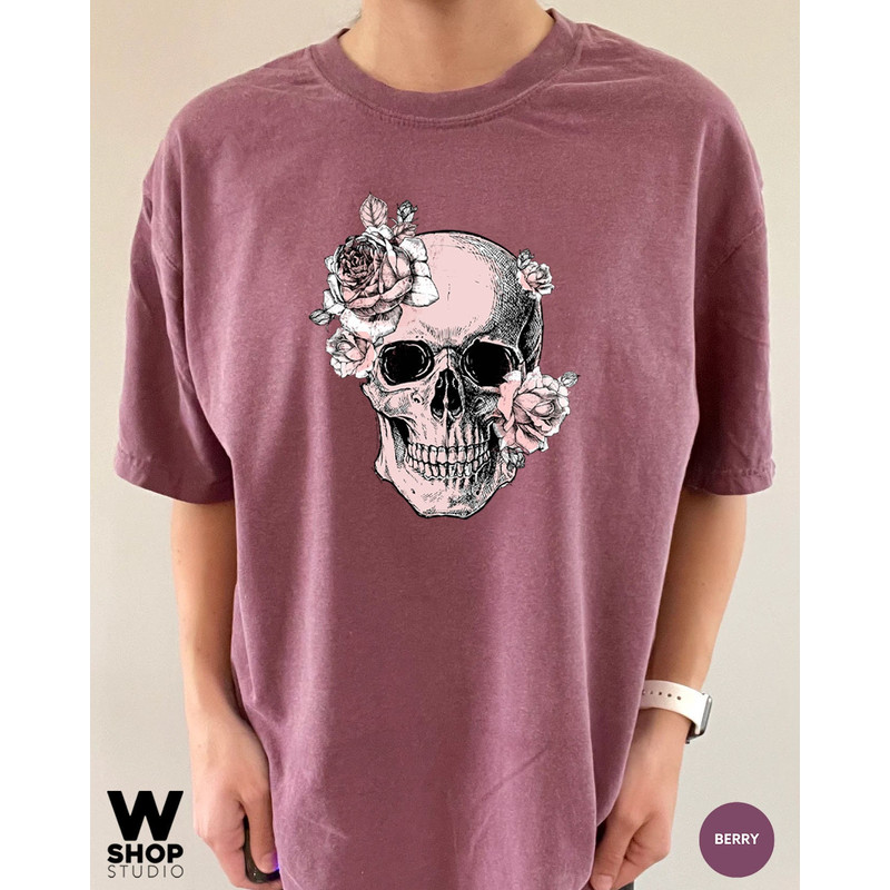 Bloom Skull Womens T-Shirt, Sugar Skull Art Tshirt Gift For Her, Floral Skull Print Boho Graphic Tee, Flower Skull, Comfort Colors Tee - 5.jpg