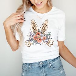 bunny with flowers leopard shirt, easter tshirt, easter bunny graphic tee, easter t shirts for women, ladies easter bunn