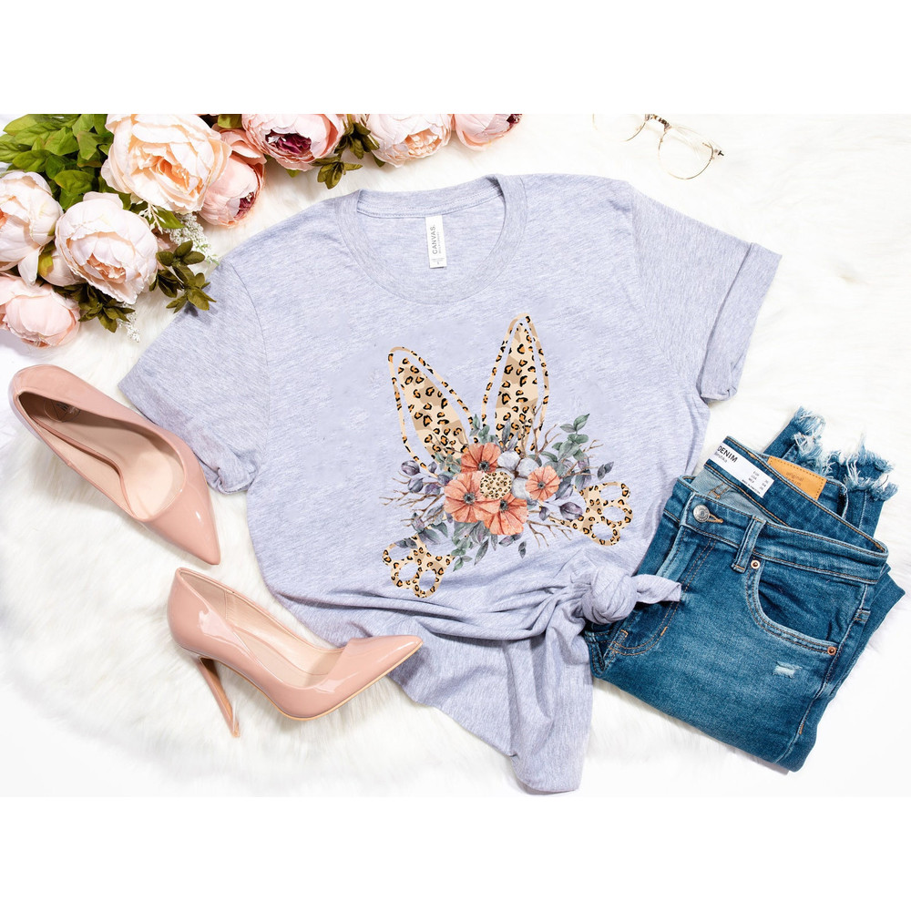 Bunny With Flowers Leopard Shirt, Easter TShirt, Easter Bunny Graphic Tee, Easter T shirts for Women, Ladies Easter Bunny Shirt - 6.jpg