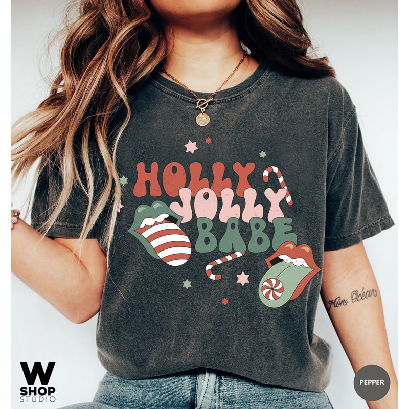 Christmas Holly Jolly Babe Shirt, Comfort Colors, Retro Christmas T-shirt, Retro Xmas Holiday Apparel, Vintage Christmas Shirt - 1.jpg
