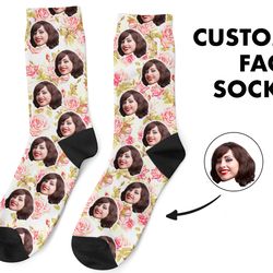 Floral Custom Face Socks, Personalized Photo, Floral Picture Socks, Flower Socks, Customized Funny Photo Gift For Her, H