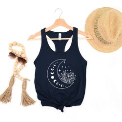 floral moon tank, moon top t shirt, moon wildflower tee, moon phases tank, moon boho tank, astronomy tee, celestial tank