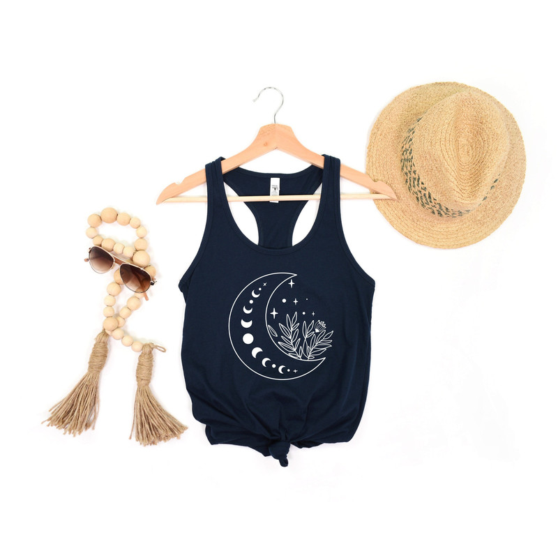Floral Moon Tank, Moon Top T shirt, Moon Wildflower Tee, Moon Phases Tank, Moon Boho Tank, Astronomy Tee, Celestial Tank - 1.jpg