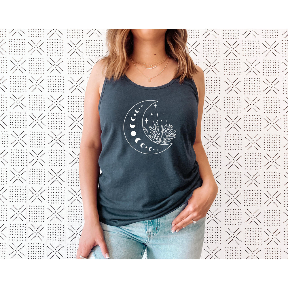 Floral Moon Tank, Moon Top T shirt, Moon Wildflower Tee, Moon Phases Tank, Moon Boho Tank, Astronomy Tee, Celestial Tank - 2.jpg