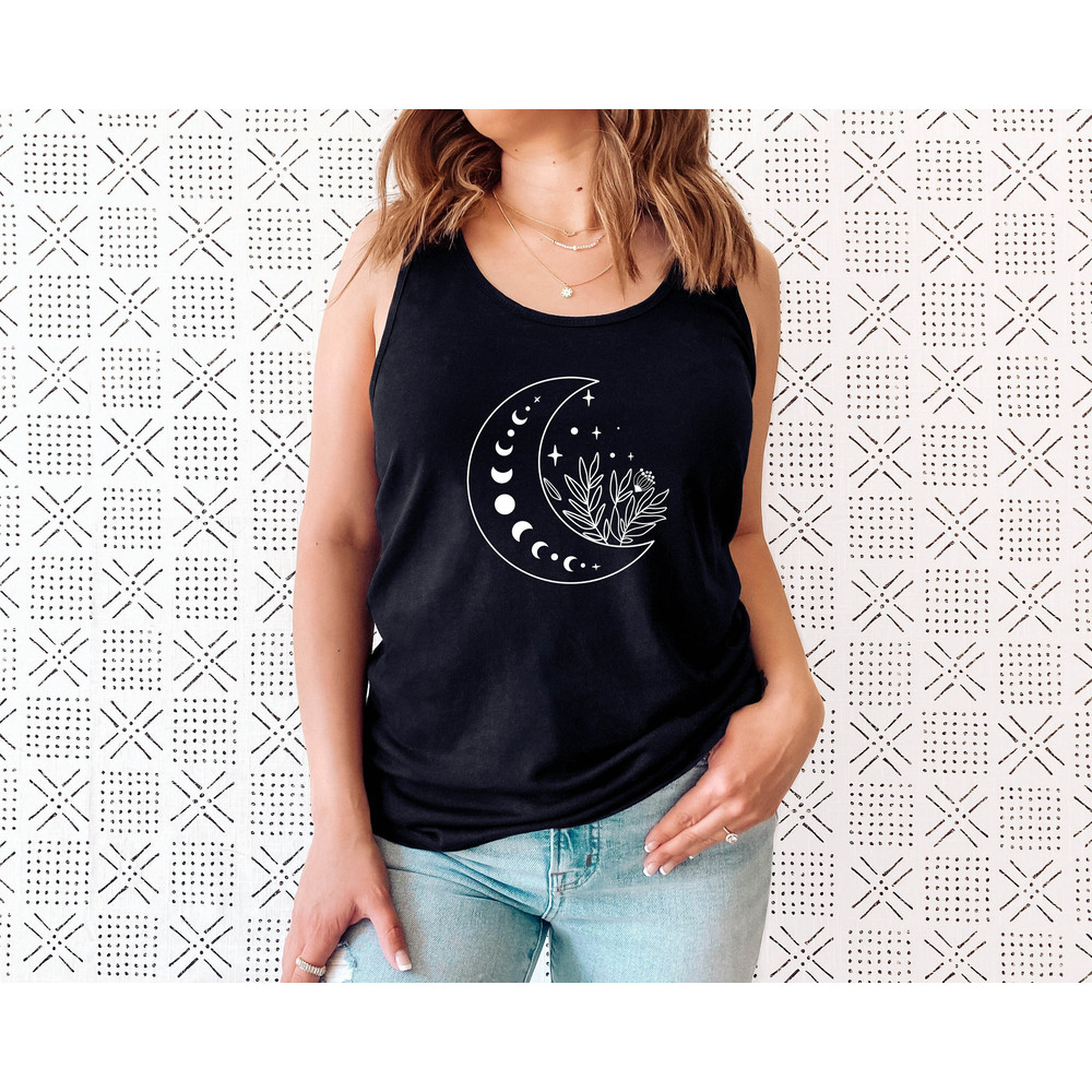 Floral Moon Tank, Moon Top T shirt, Moon Wildflower Tee, Moon Phases Tank, Moon Boho Tank, Astronomy Tee, Celestial Tank - 3.jpg