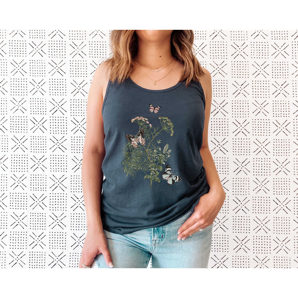 Flower Tank T shirt, Butterfly Gift for her, Women trendy tank, Spring concept, Wild meadow flower nature top, Floral Gardener Botanical - 3.jpg