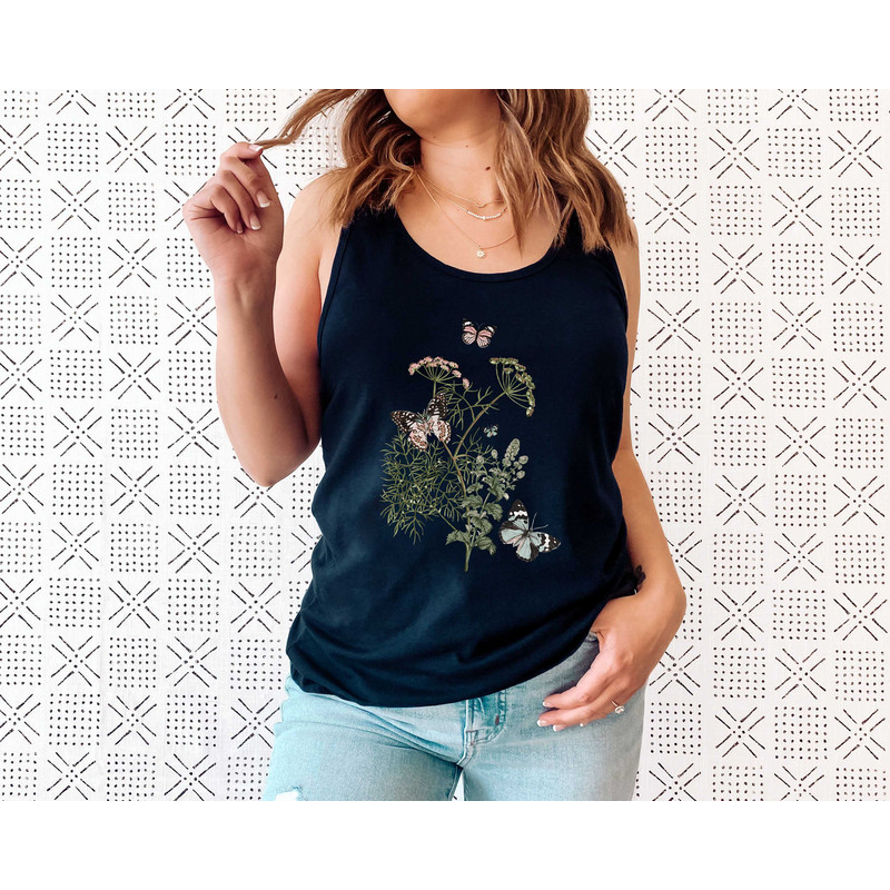 Flower Tank T shirt, Butterfly Gift for her, Women trendy tank, Spring concept, Wild meadow flower nature top, Floral Gardener Botanical - 4.jpg