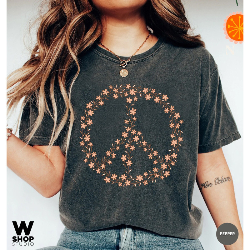 Hippie Peace Sign Shirt, Boho Peace Oversized Tee, Floral Peace Symbol, Wildflowers T-Shirt, Peace Symbol Shirt, Graphic Tees For Women - 2.jpg