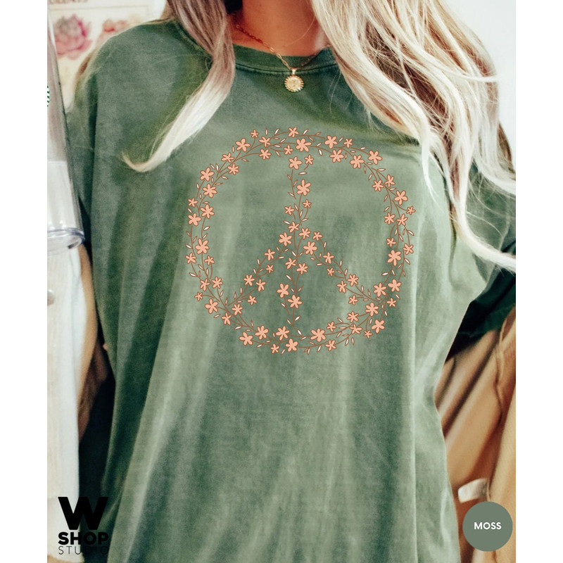 Hippie Peace Sign Shirt, Boho Peace Oversized Tee, Floral Peace Symbol, Wildflowers T-Shirt, Peace Symbol Shirt, Graphic Tees For Women - 3.jpg