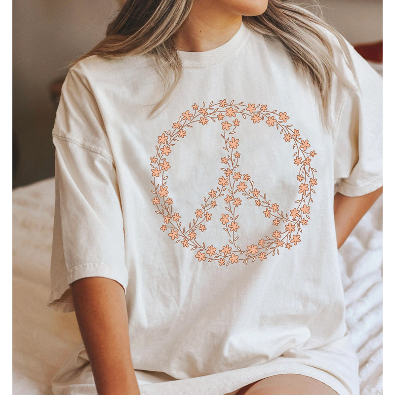 Hippie Peace Sign Shirt, Boho Peace Oversized Tee, Floral Peace Symbol, Wildflowers T-Shirt, Peace Symbol Shirt, Graphic Tees For Women - 4.jpg
