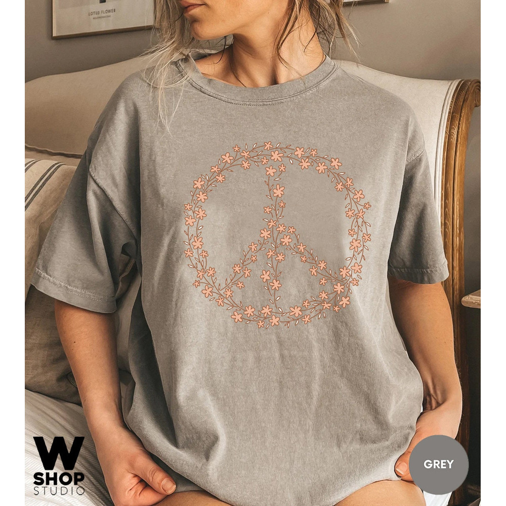 Hippie Peace Sign Shirt, Boho Peace Oversized Tee, Floral Peace Symbol, Wildflowers T-Shirt, Peace Symbol Shirt, Graphic Tees For Women - 7.jpg