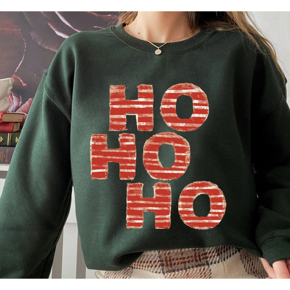 HO HO HO Sweatshirt, Merry Christmas Tree Hoodie, Unisex Adult Funny Holiday shirt, Vintage Merry and Bright Xmas Crew tee - 2.jpg