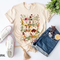 keep blooming tee, floral t-shirt, bohemian style shirt, butterfly shirt, trending right now, women's graphic t-shirt, l