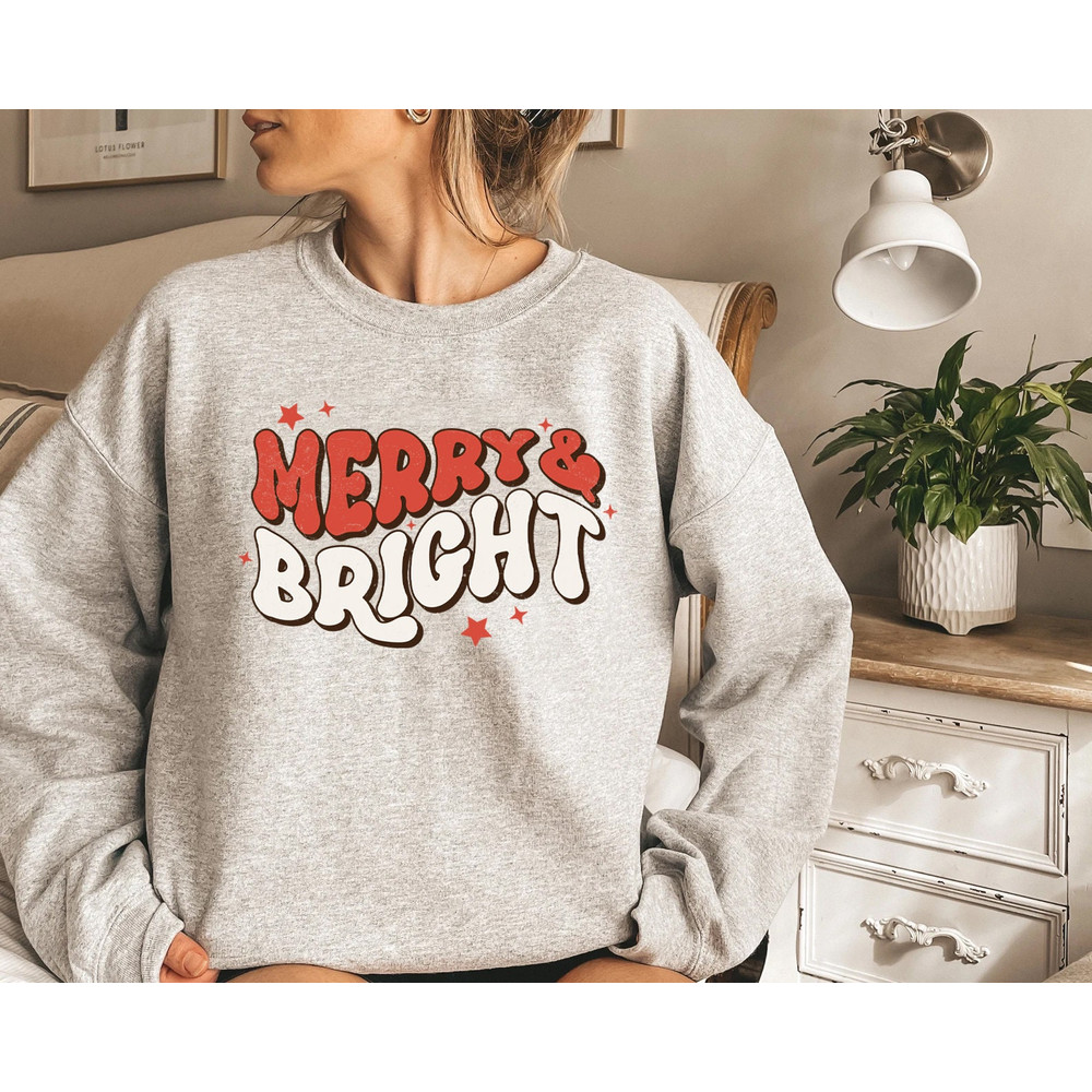 Merry & Bright Christmas Retro Sweatshirt, Christmas Sweatshirt, Holiday Sweater, Womens Holiday Sweatshirt, Christmas Shirt, Winter Shirt - 2.jpg