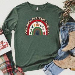 rainbow christmas sweatshirt, merry & bright long sleeve shirt, women gift idea, trendy christmas rainbow, long sleeve t