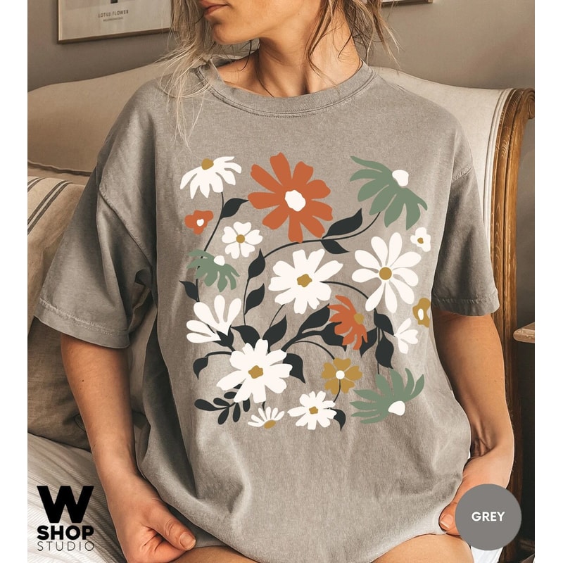 Retro Flowers Tshirt, Boho Wildflowers, Floral Nature Shirt, Oversized Tee, Vintage, Womens Graphic Tshirts, Graphic Tees - 1.jpg