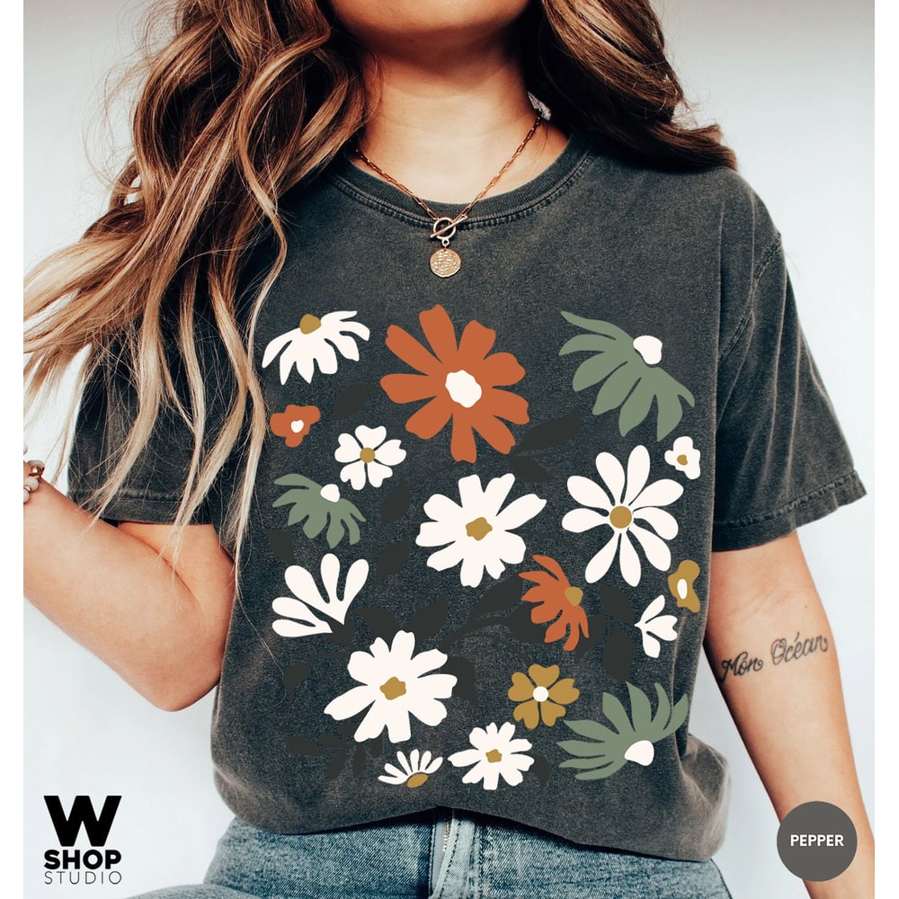 Retro Flowers Tshirt, Boho Wildflowers, Floral Nature Shirt, Oversized Tee, Vintage, Womens Graphic Tshirts, Graphic Tees - 2.jpg