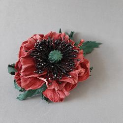 Red poppy leather brooch 3rd anniversary gift for wife, Leather women's jewelry