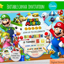 editable canva super mario birthday invitation