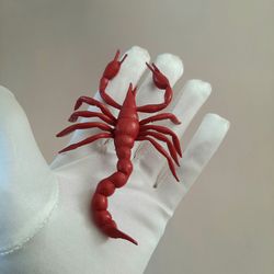 Red leather brooch scorpion 3rd anniversary gift for wife, Leather women's jewelry