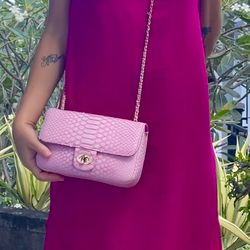 genuine python skin baby pink classy women bag | chain crossbody | leather women bag | classy elegant summer bag handmad