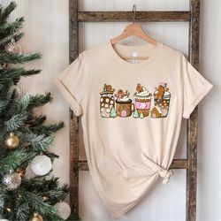 gingerbread coffee t-shirt, christmas houses gift , iced latte sweets snow cozy shirt, gingerbred santa hat, cute ginger
