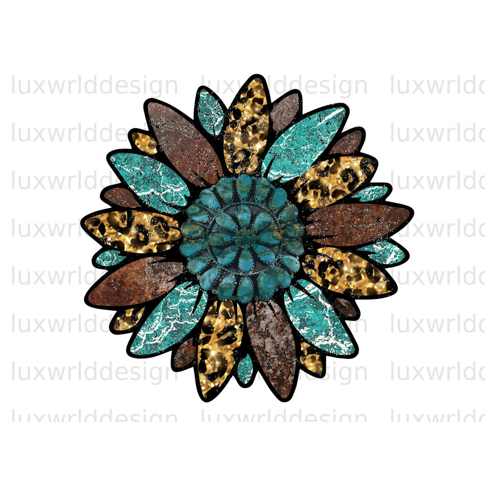 Leopard Turquoise Sunflower PNG Sunflower png Western Sunflower png Sublimation Design Digital Design Download Turquoise Sunflower - 1.jpg